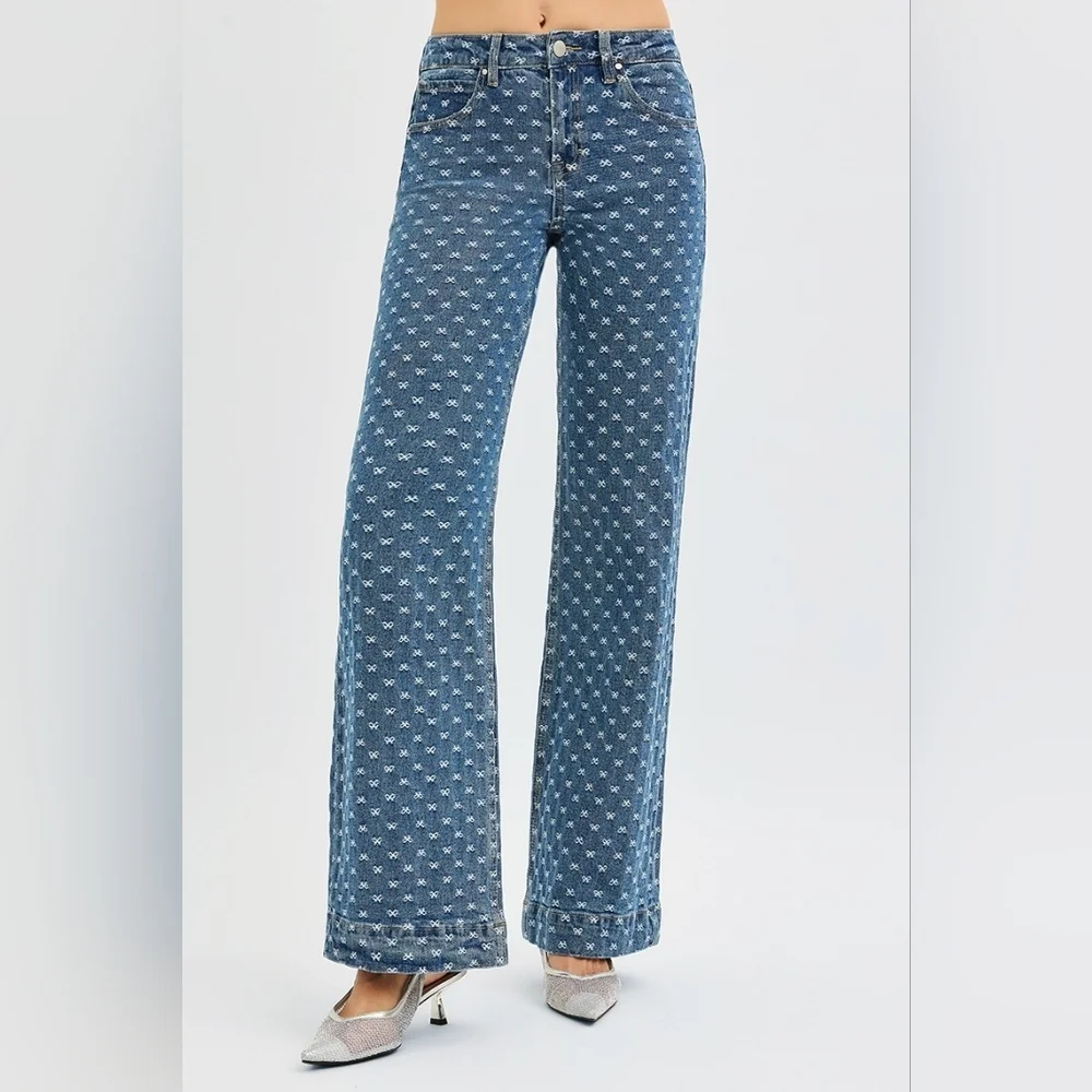 Risen High Rise Dark Wash Classic Wide Leg Jeans Bow Embroidered Various NEW - Picture 7 of 15